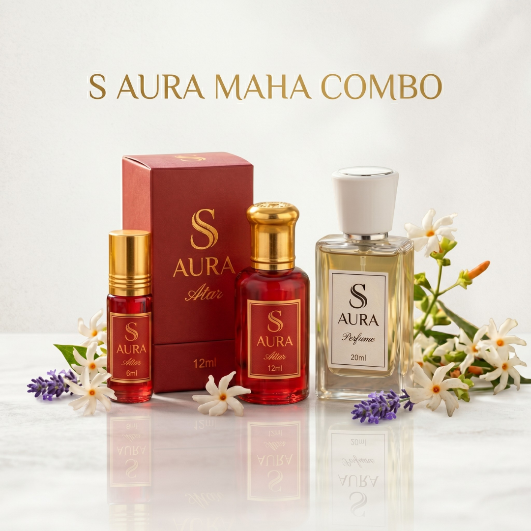 S AURA Maha Cosmic Combo – Premium Fragrance Luxury Set (6ml Pure Attar + 12ml Pure Attar + 20ml Luxury EDP Perfume)
